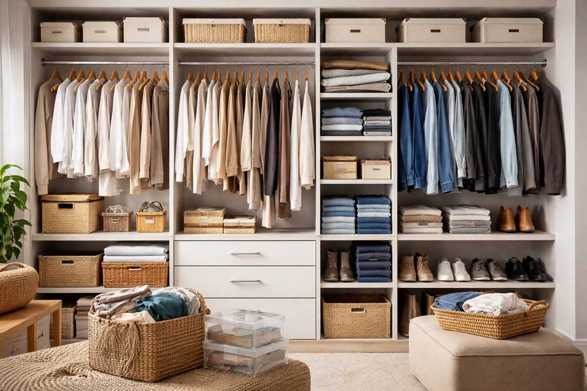 Armadio perfettamente organizzato dopo il decluttering, con vestiti ordinati e spazi ben definiti per evitare il ritorno del disordine.