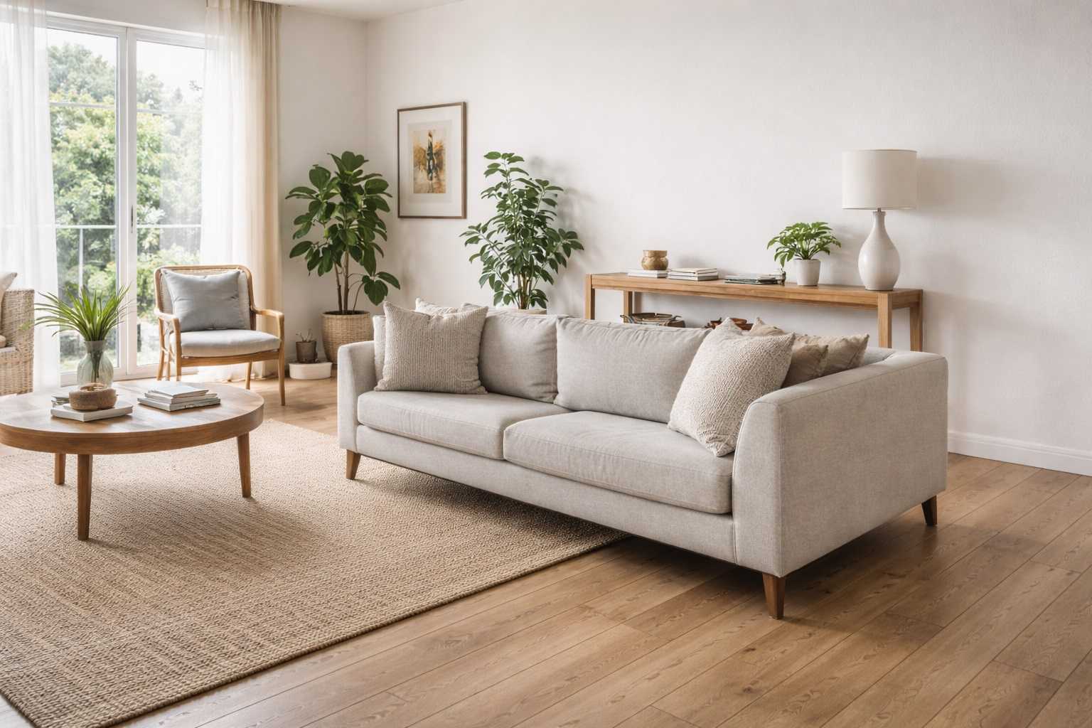 Divano staccato dal muro in un salotto moderno per migliorare estetica, circolazione dell’aria e prevenire muffa e polvere