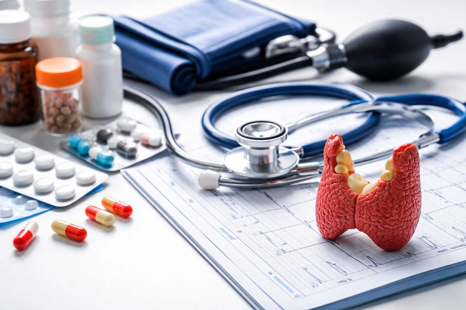 Strumenti medici e modello della tiroide accanto a farmaci e misuratore di pressione per controlli di tiroide e ipertensione