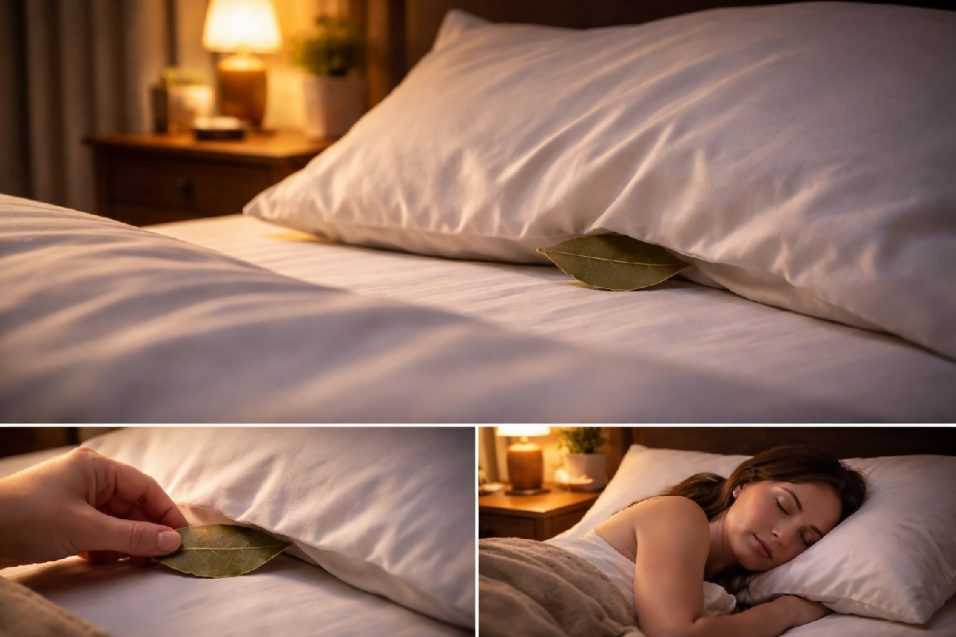 Foglia di alloro inserita sotto un cuscino in una camera da letto con luce calda serale, gesto legato all’antico rimedio naturale per favorire rilassamento mentale e sonno più sereno durante la notte.