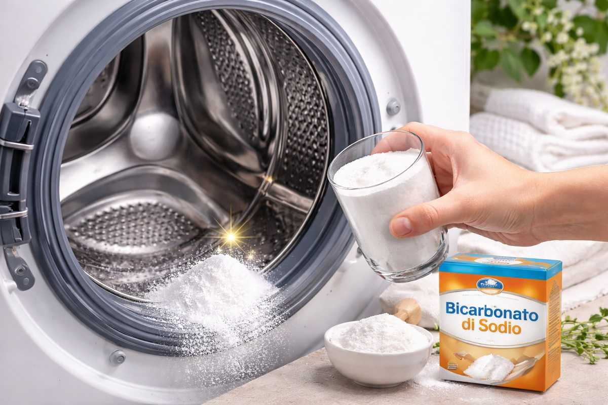 Bicchiere di bicarbonato versato nella lavatrice per eliminare cattivi odori e igienizzarla in pochi minuti senza smontarla.
