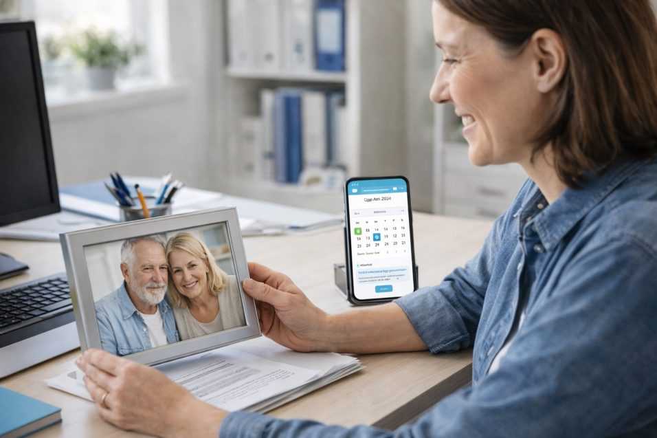 Una donna lavoratrice in ufficio che sorride mentre guarda una foto dei suoi genitori sulla scrivania, con uno smartphone che mostra un'app di gestione appuntamenti medici.