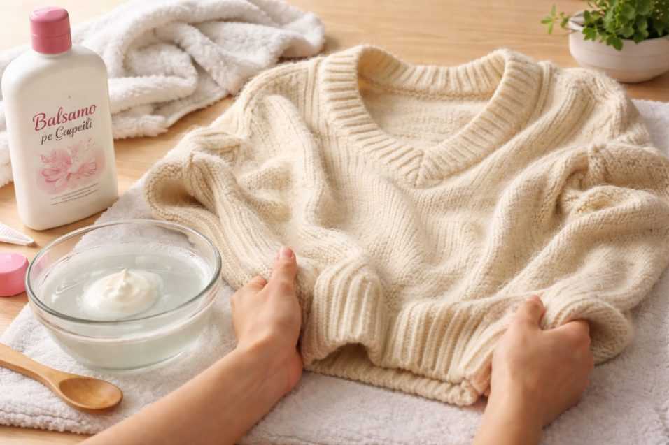Maglione di lana infeltrito che torna morbido con il trucco del balsamo per capelli