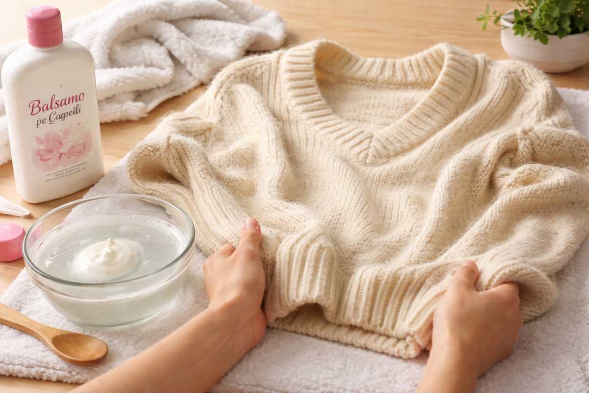 Maglione di lana infeltrito che torna morbido con il trucco del balsamo per capelli