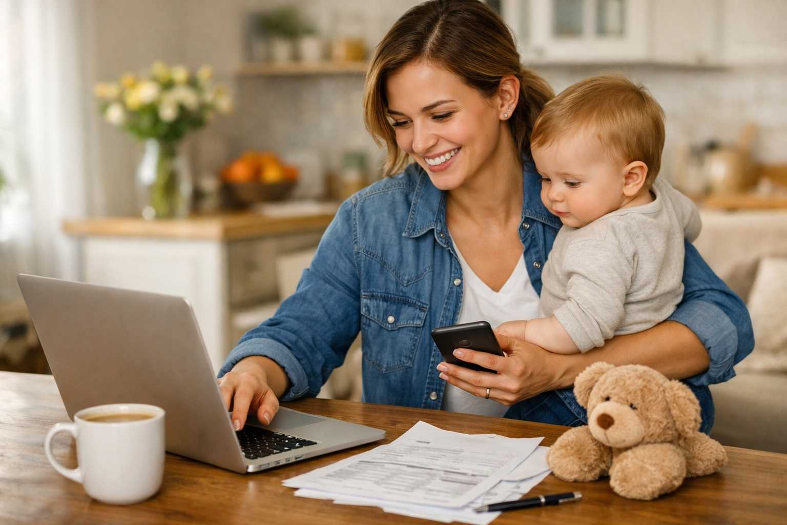 Mamma sorridente con bambino in braccio usa smartphone e computer in una casa luminosa, con bollette, caffè e peluche sul tavolo
