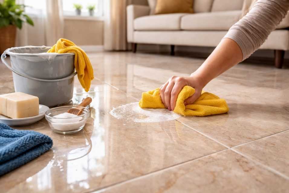 Pulizia del pavimento in marmo con sapone di Marsiglia e panno in microfibra per farlo tornare lucido e brillante in modo naturale e senza prodotti chimici.