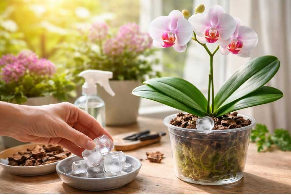 Come salvare un’orchidea con foglie appassite usando il metodo del cubetto di ghiaccio: dove metterlo, quanta acqua dare, cosa evitare per prevenire il marciume radicale e come preparare la pianta alla primavera.