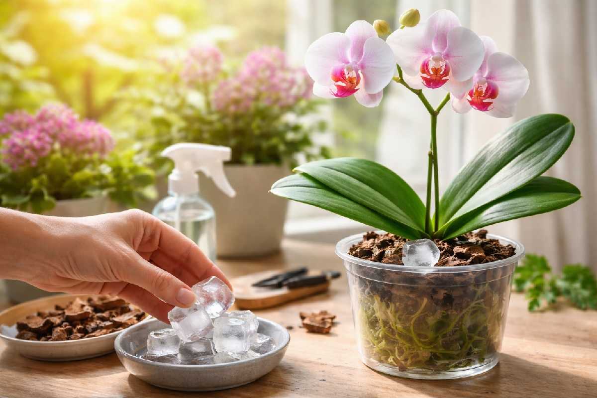 Come salvare un’orchidea con foglie appassite usando il metodo del cubetto di ghiaccio: dove metterlo, quanta acqua dare, cosa evitare per prevenire il marciume radicale e come preparare la pianta alla primavera.
