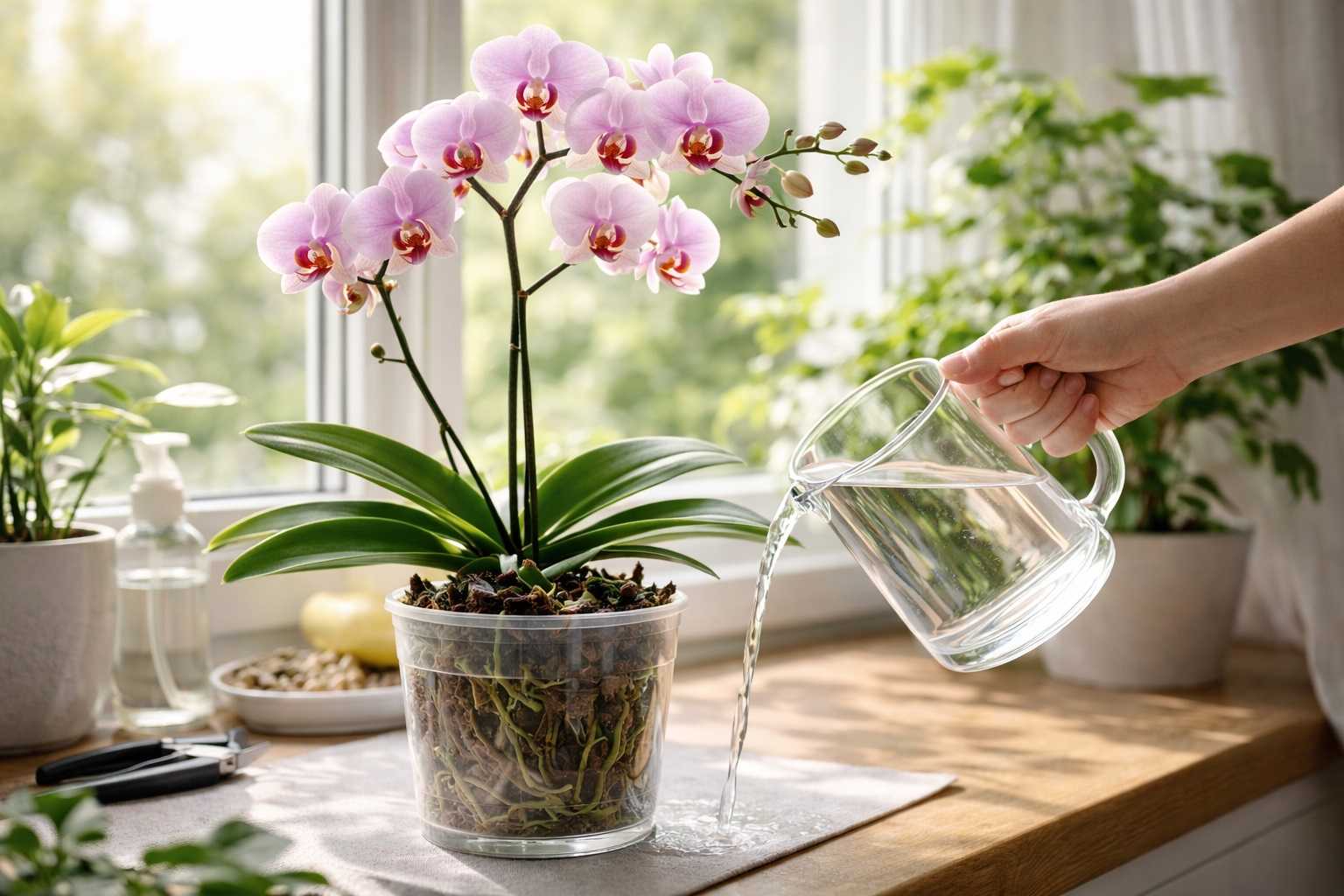 Orchidea Phalaenopsis su davanzale illuminato, innaffiata delicatamente con acqua naturale in vaso trasparente per stimolare la fioritura.