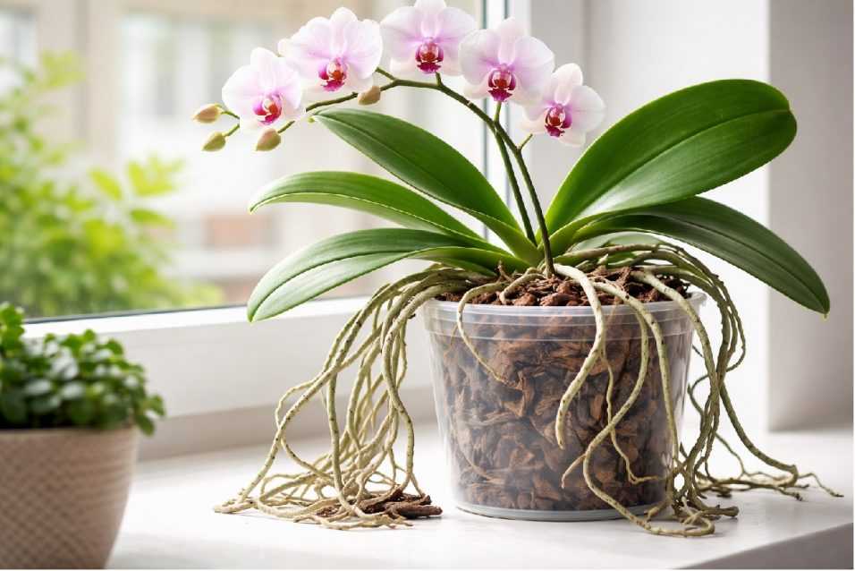 Orchidea Phalaenopsis con radici aeree fuori dal vaso trasparente, segnale da interpretare correttamente per evitare errori fatali nella coltivazione.