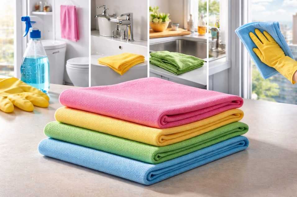 Panni in microfibra rosa, giallo, verde e azzurro in ambiente domestico, ognuno destinato a un’area specifica della casa per evitare contaminazioni e migliorare l’igiene.