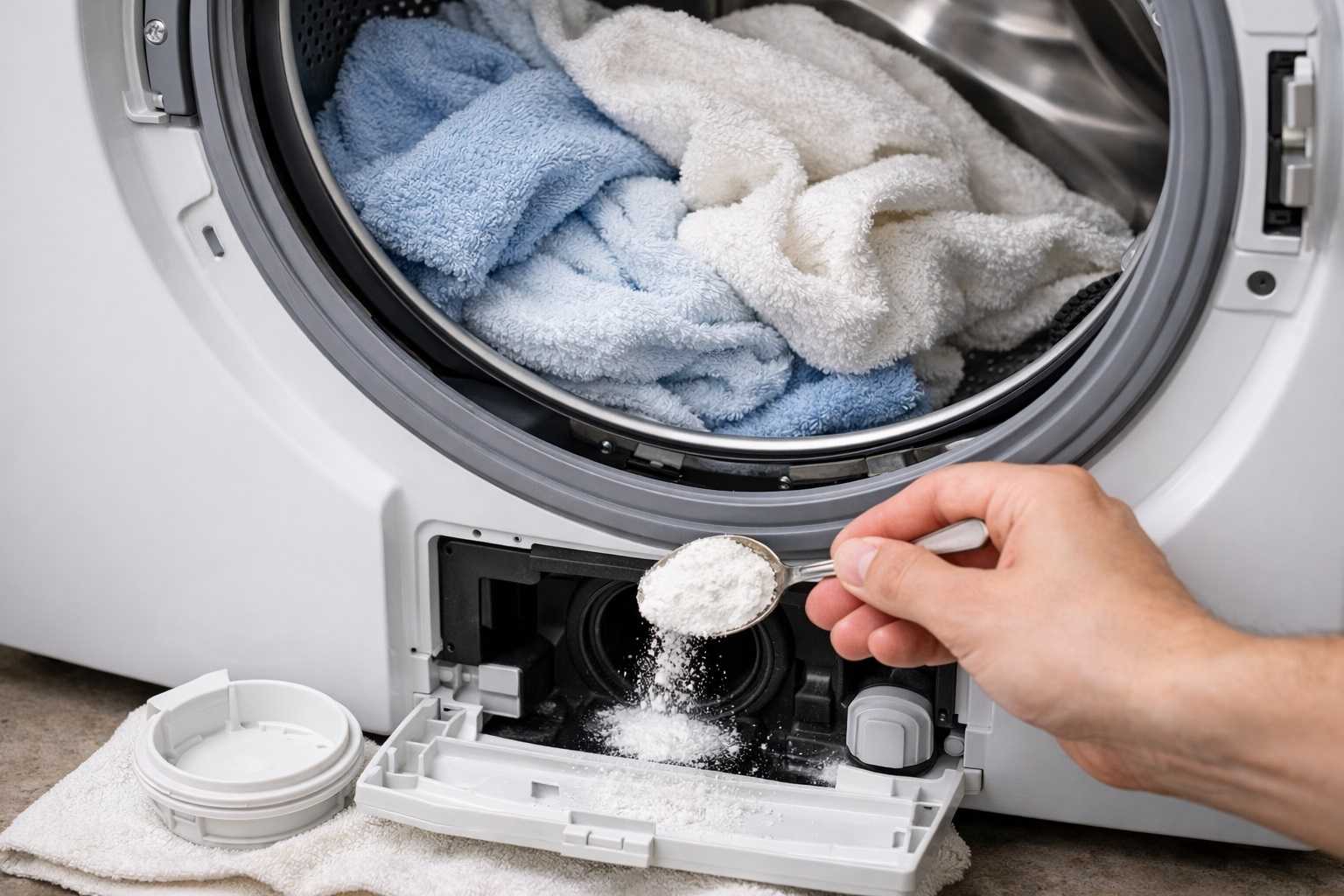 Lavatrice aperta con panni freschi e mano che versa bicarbonato nello scarico per eliminare cattivi odori.