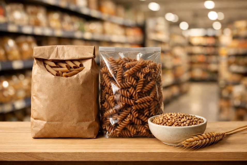 Confezioni di pasta integrale con chicchi di grano duro su scaffale in supermercato luminoso, corsie sullo sfondo sfocate