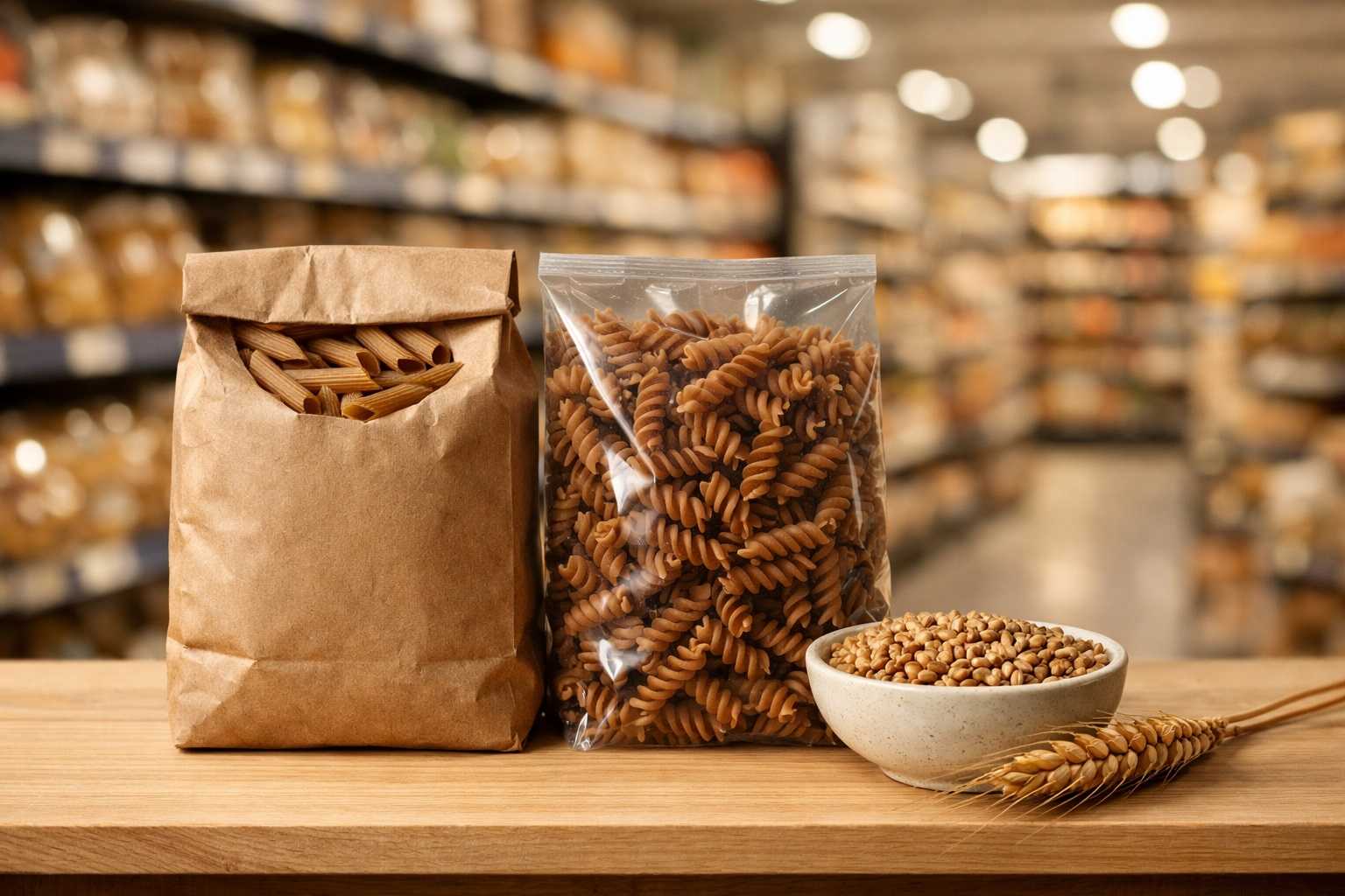 Confezioni di pasta integrale con chicchi di grano duro su scaffale in supermercato luminoso, corsie sullo sfondo sfocate