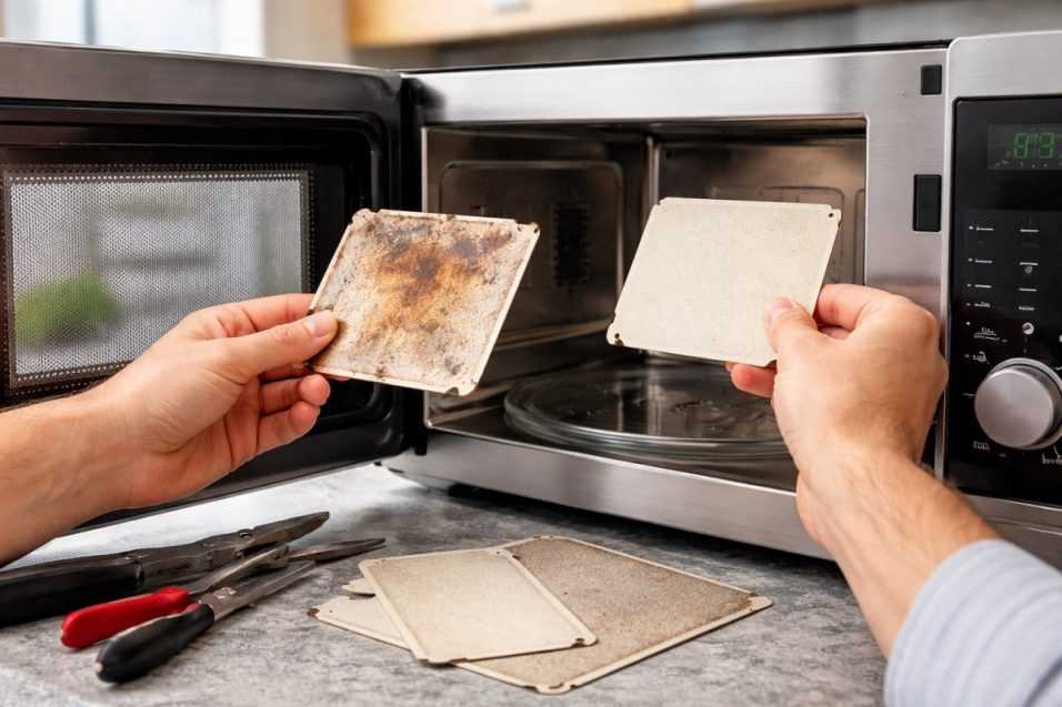 Sostituzione della piastra in mica del microonde, il pannello interno che sembra cartone ma protegge il magnetron da grasso e scintille.