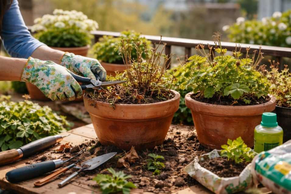 Potatura dei gerani a fine inverno con rami secchi rimossi e primi germogli verdi in vaso su balcone.