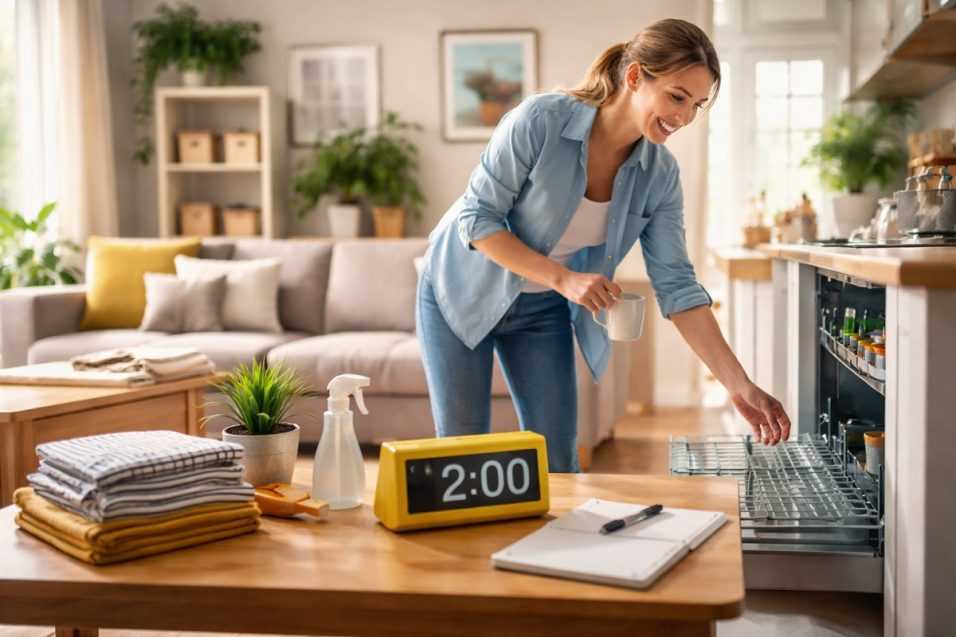 Donna che sistema la casa in pochi minuti con timer da 2 minuti sul tavolo, esempio pratico della regola dei due minuti per mantenere ambienti sempre ordinati senza grandi pulizie.