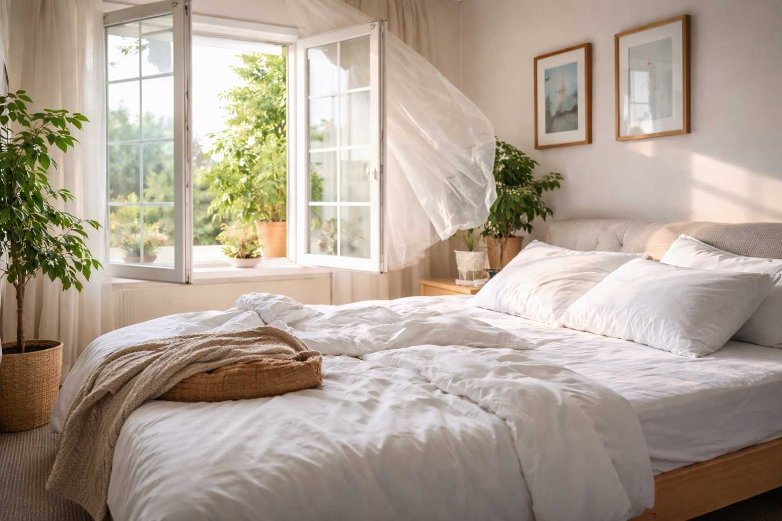 Camera da letto luminosa con finestra aperta e letto scoperto che arieggia al mattino, esempio corretto di ventilazione prima di rifare il letto per ridurre umidità e acari.