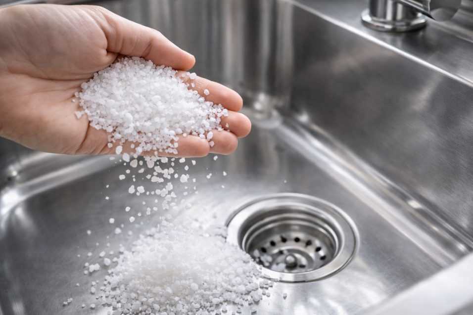 Una mano versa del sale grosso in un lavandino d'acciaio pulito e brillante, evidenziando il contrasto tra il minerale e il metallo.