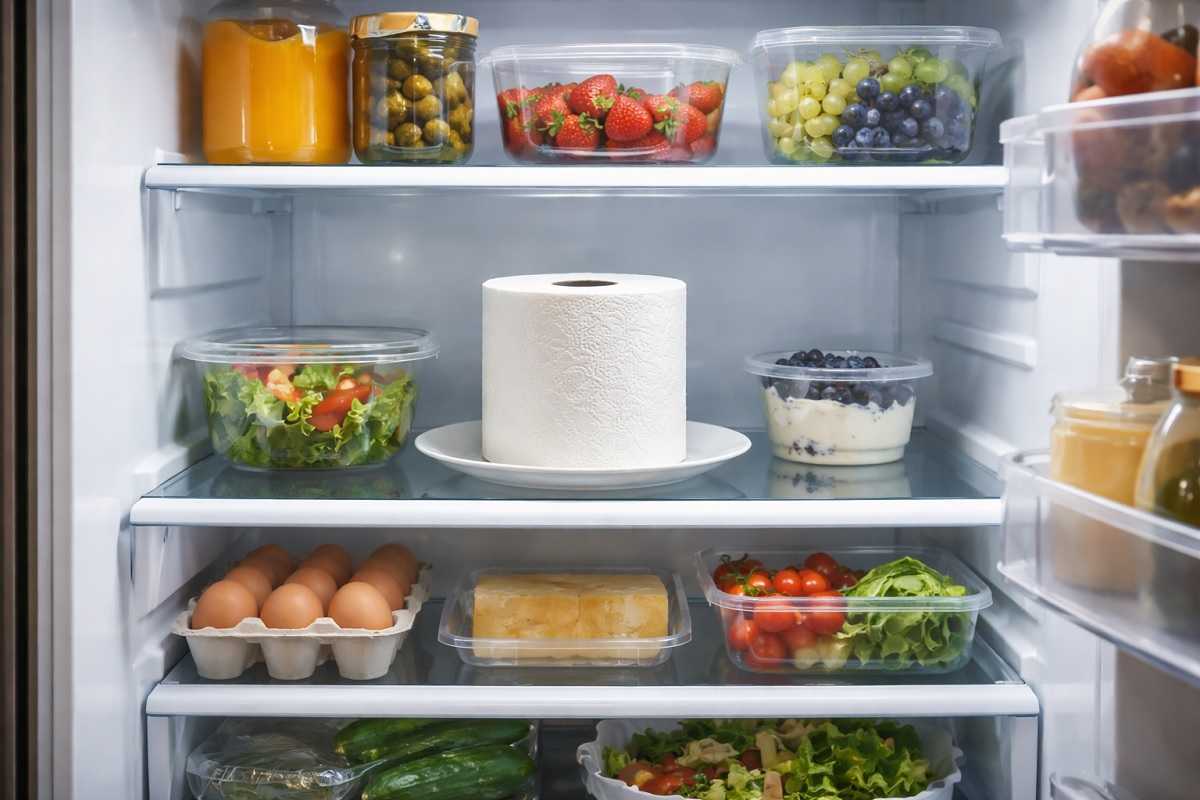 Interno di un frigorifero moderno con un rotolo di carta igienica posizionato su un piattino al centro del ripiano, utilizzato per assorbire l’umidità e ridurre i cattivi odori in modo naturale.