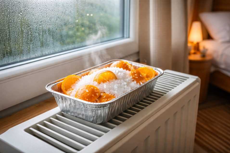 Vaschetta con sale grosso e bucce di agrumi appoggiata sul termosifone per assorbire umidità e cattivi odori in casa.