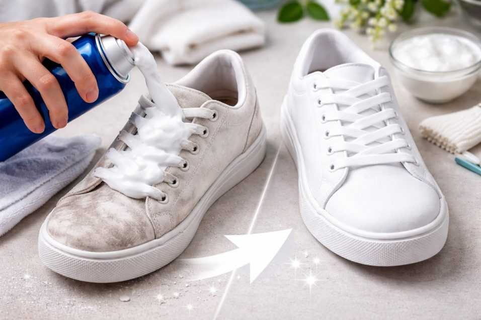 Sneakers bianche ingrigite pulite con schiuma da barba per farle tornare candide senza lavatrice in pochi minuti.