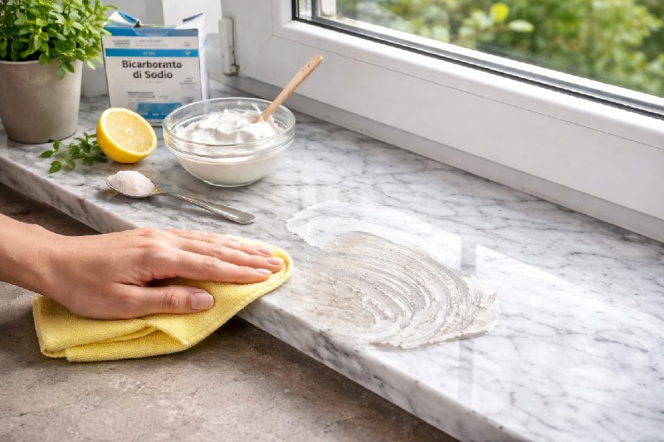 Pulizia di una soglia in marmo opaca con pasta al bicarbonato per farla tornare bianca e luminosa come nuova.