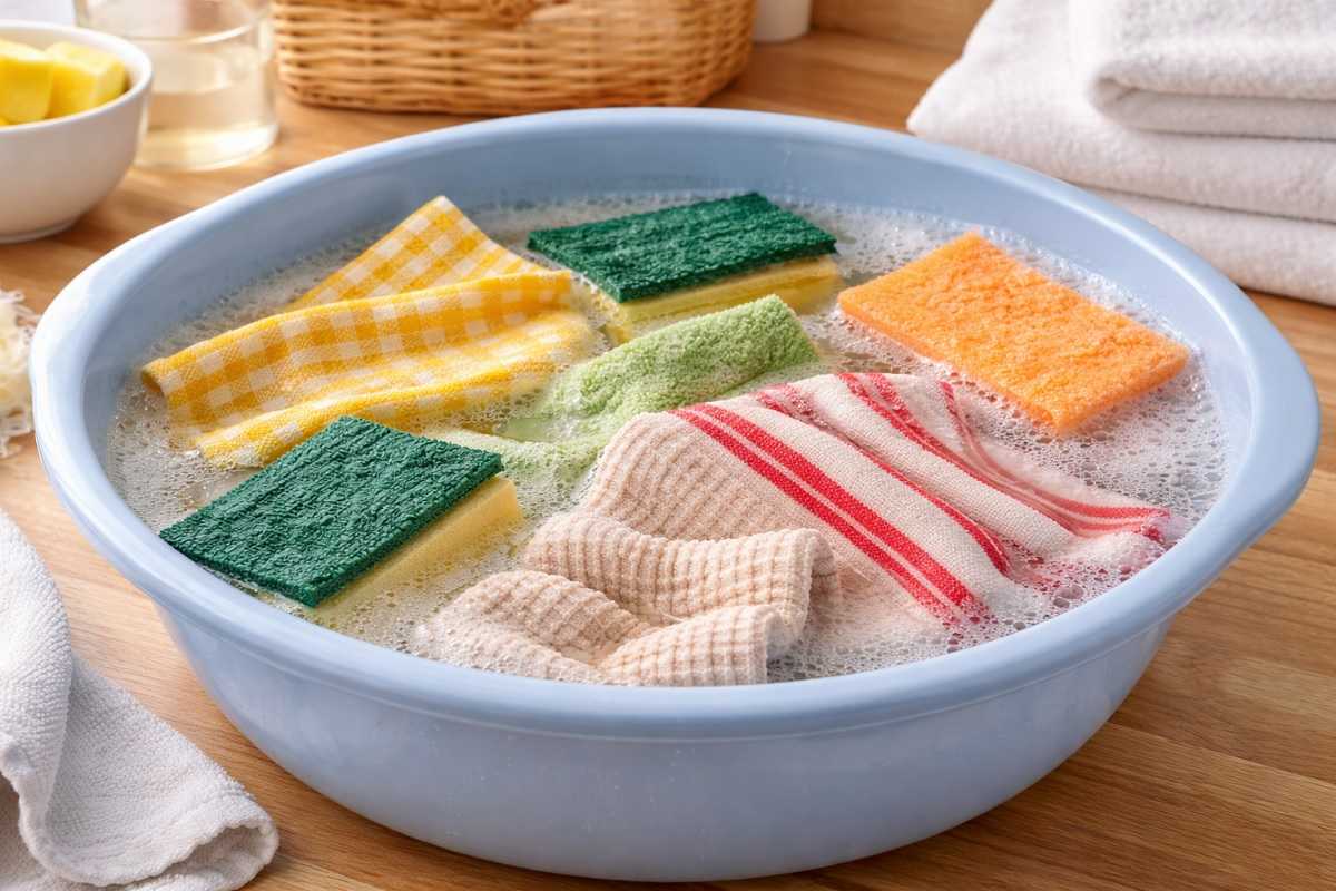 Bacinella con strofinacci e spugne in ammollo notturno per eliminare grasso e cattivi odori.