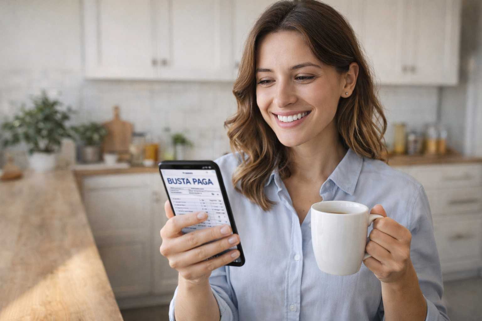 Una donna sorridente che controlla la busta paga digitale sul proprio smartphone mentre sorseggia un caffè in cucina, con un'atmosfera luminosa e positiva.