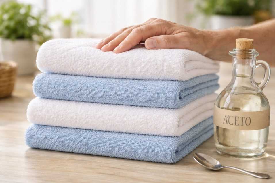 Primo piano di una mano che accarezza una pila di asciugamani bianchi e azzurri perfettamente piegati e soffici, con accanto un cucchiaino e una bottiglia di aceto su uno sfondo luminoso.