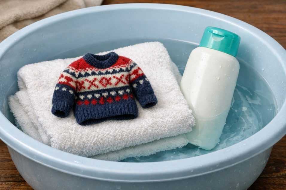 Un maglione di lana rimpicciolito appoggiato sopra un asciugamano accanto a un flacone di balsamo per capelli in una bacinella d'acqua.