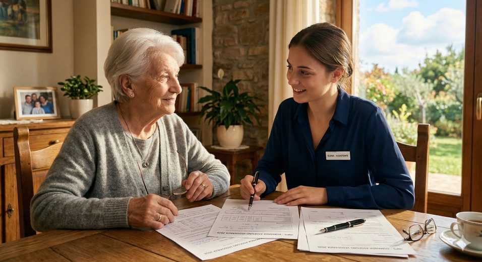 una donna anziana, dallo sguardo sereno e dignitoso, che parla con una giovane operatrice (forse una nipote o un'assistente) davanti a dei documenti, con una luce solare che entra dalla finestra