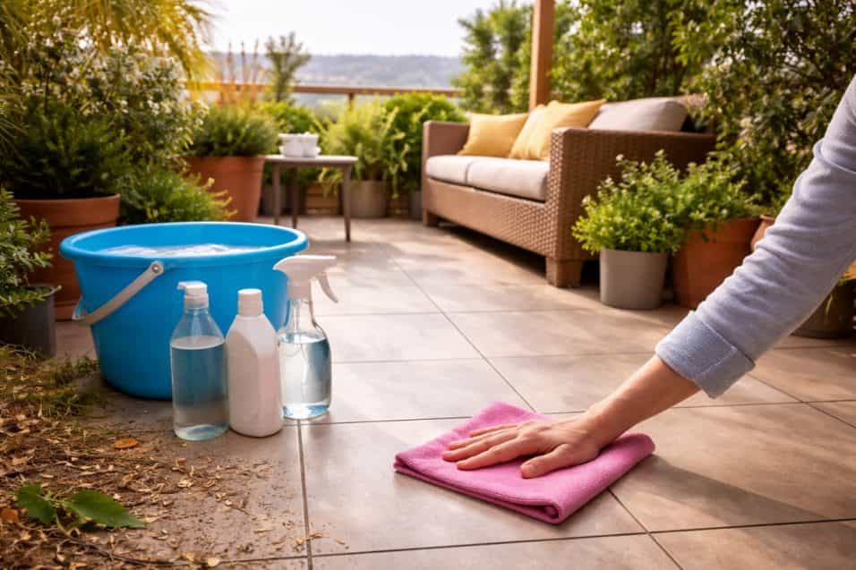 Balcone pulito e luminoso con pulizia in corso e soluzione naturale per evitare la polvere a lungo