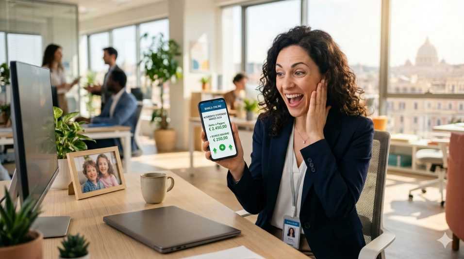 Una giovane madre sorridente in un ufficio moderno a Roma, mentre guarda lo schermo di uno smartphone con un'espressione di gioia e sorpresa, simboleggiando la scoperta di un aumento in busta paga