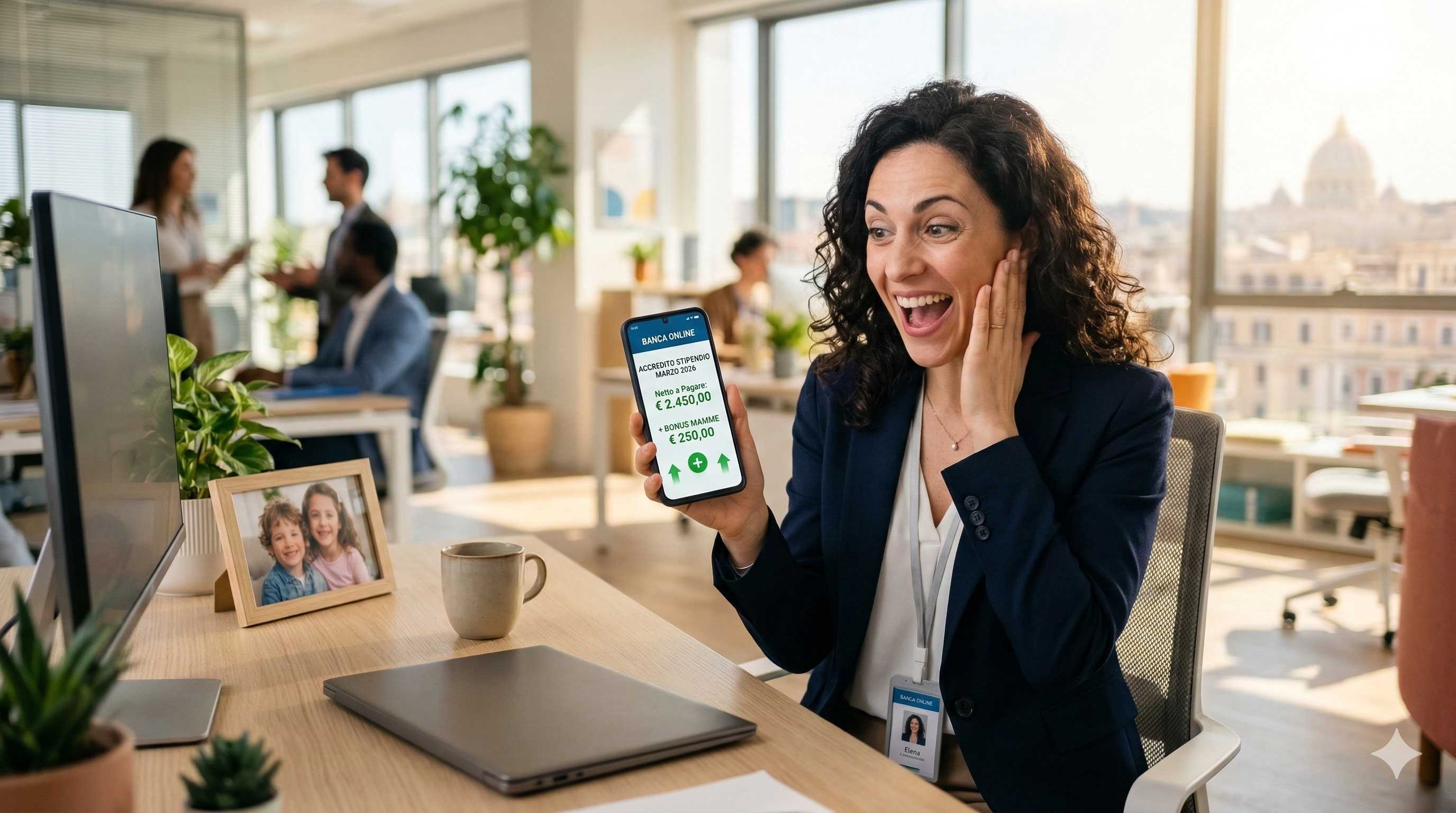 Una giovane madre sorridente in un ufficio moderno a Roma, mentre guarda lo schermo di uno smartphone con un'espressione di gioia e sorpresa, simboleggiando la scoperta di un aumento in busta paga