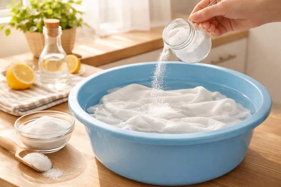 Canovacci bianchi immersi in acqua con bicarbonato in una bacinella, pronti per il lavaggio