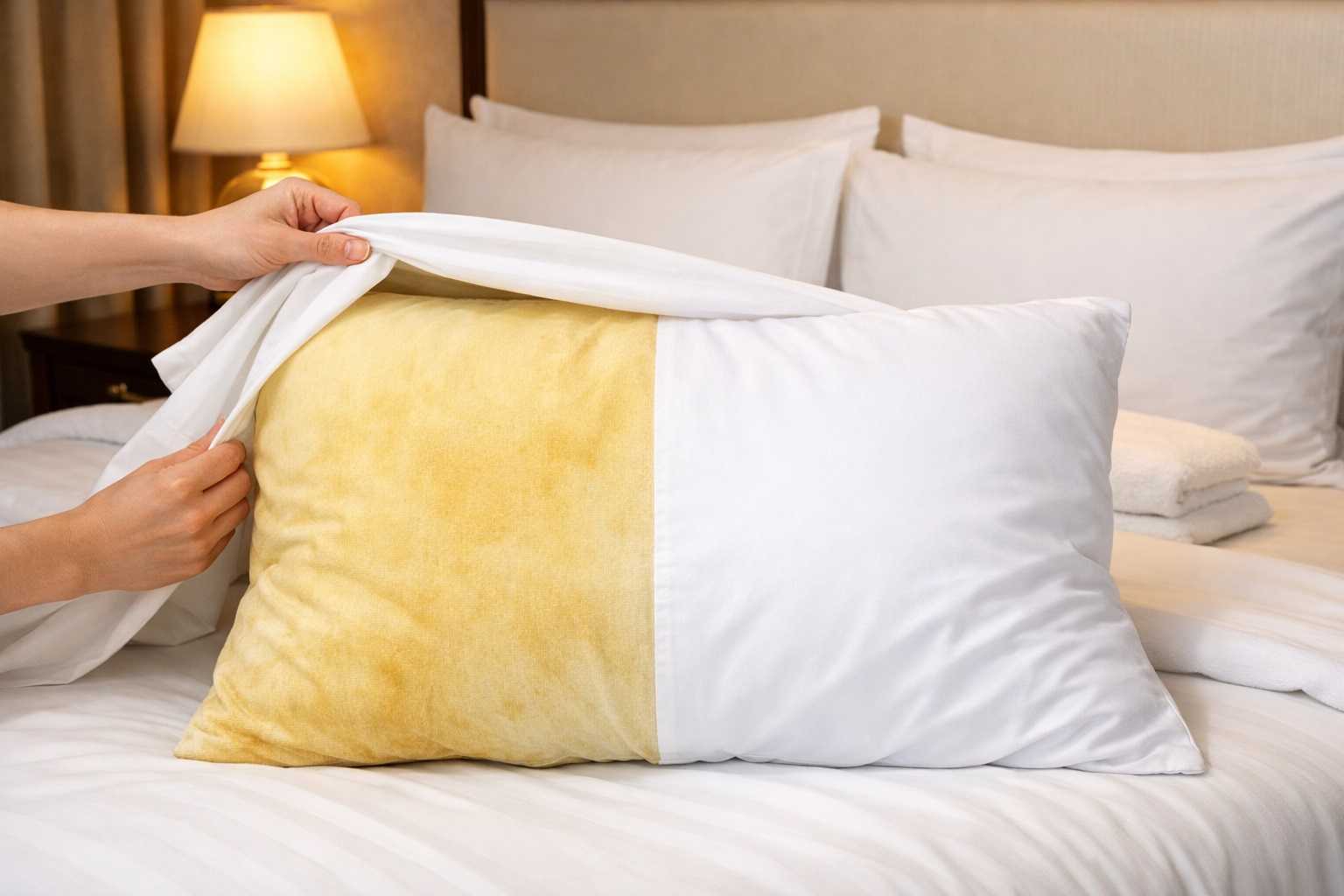 Un letto elegante con lenzuola bianchissime. In primo piano una persona solleva una federa mostrando un cuscino metà giallo e metà bianco brillante
