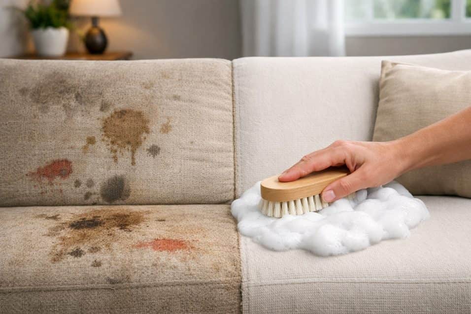 Un divano in soggiorno, metà sporco con macchie evidenti e metà perfettamente pulito, mentre una mano applica la schiuma con una spazzola morbida
