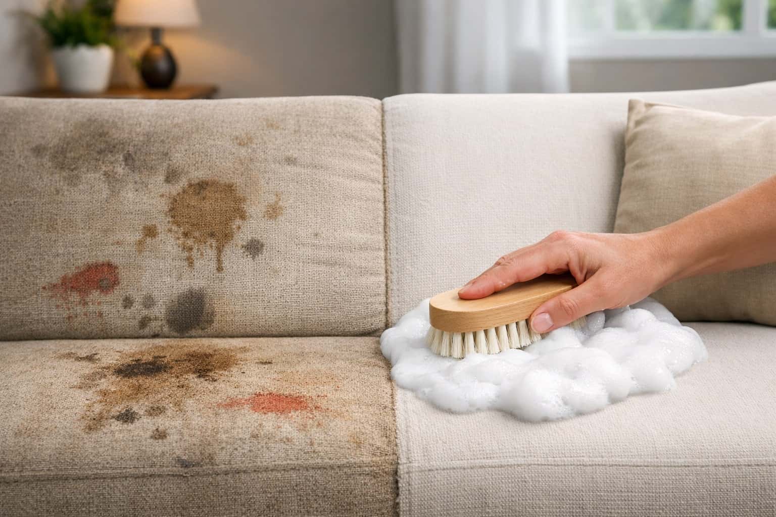 Un divano in soggiorno, metà sporco con macchie evidenti e metà perfettamente pulito, mentre una mano applica la schiuma con una spazzola morbida