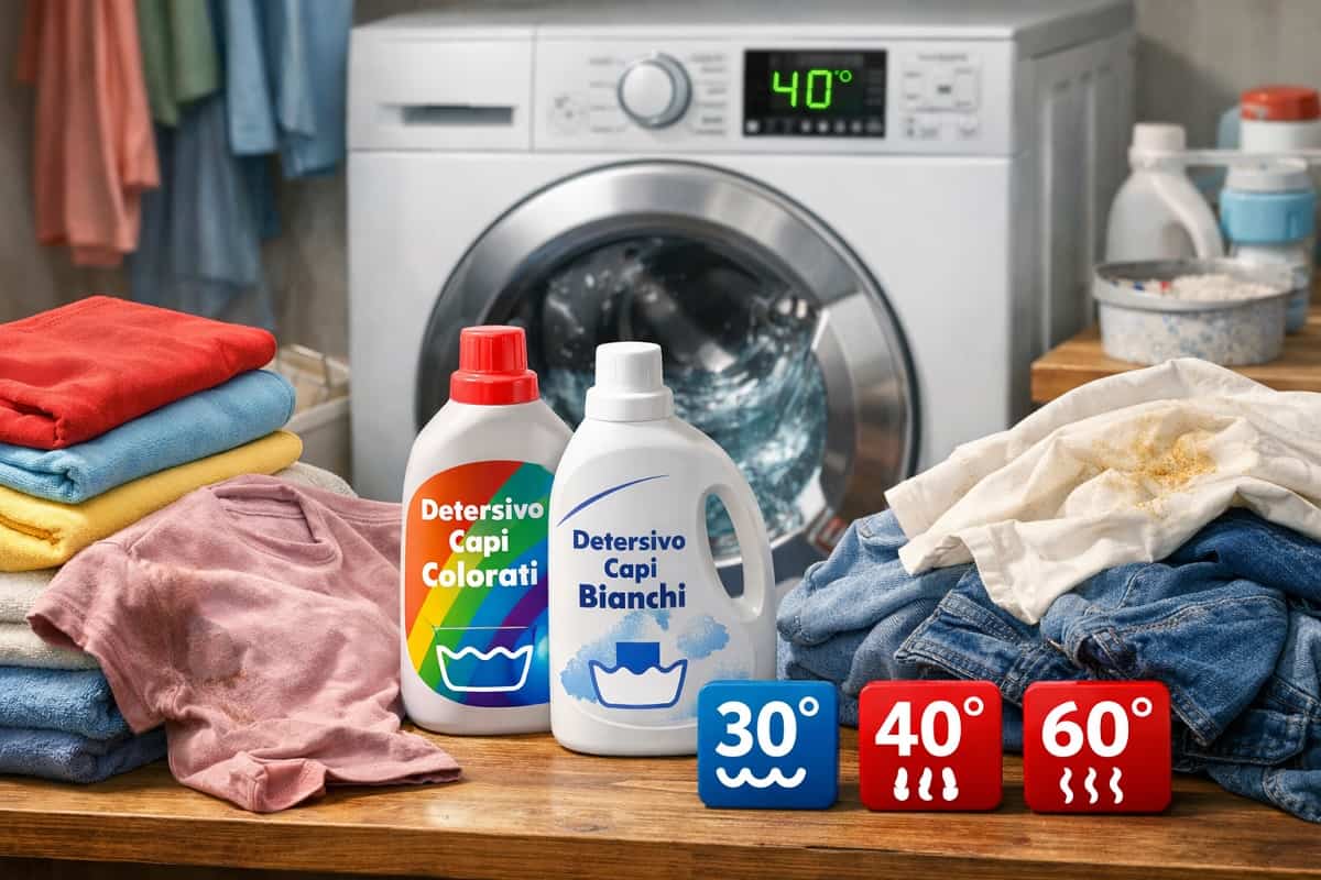 Lavatrice impostata a 40 gradi con detersivi per bianchi e colorati e capi macchiati: l’errore di lavaggio che può rovinare vestiti e tessuti nel tempo.