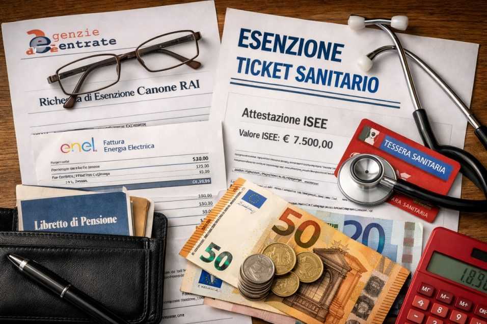 Documenti e bollette che illustrano esenzione canone RAI e ticket sanitario 2026 con limiti di reddito e ISEE per ottenere le agevolazioni.