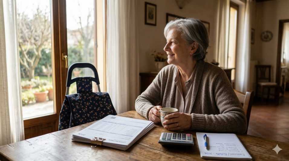 Una donna anziana sorridente che controlla una bolletta della luce in una cucina luminosa, con un tablet e una tazza di caffè sul tavolo.