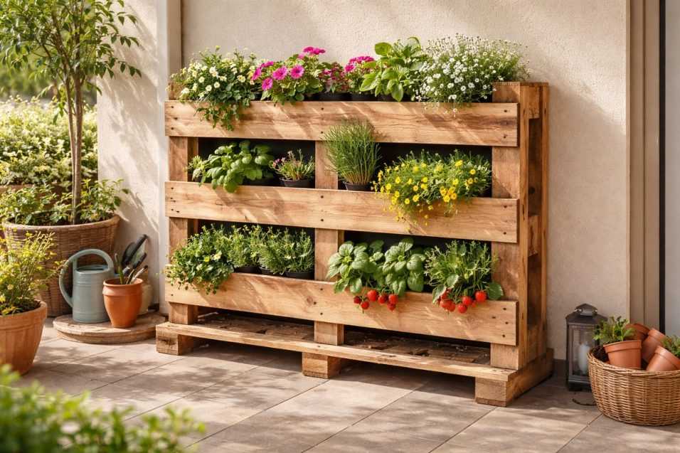 Fioriera verticale realizzata con pallet in legno su un terrazzo di casa, con erbe aromatiche, fiori e fragole coltivati in modo creativo per risparmiare spazio.
