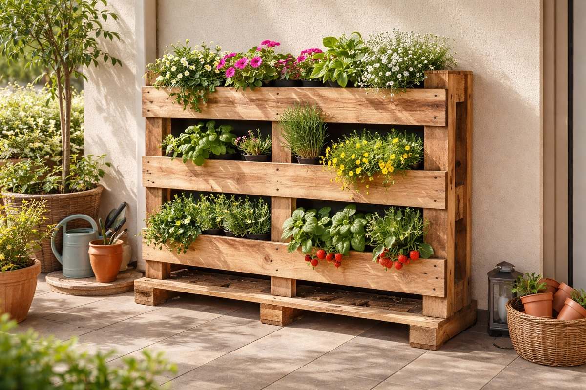 Fioriera verticale realizzata con pallet in legno su un terrazzo di casa, con erbe aromatiche, fiori e fragole coltivati in modo creativo per risparmiare spazio.