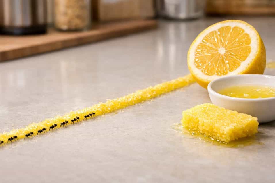 Formiche in cucina vicino a una superficie pulita con striscia di limone utilizzata come barriera naturale