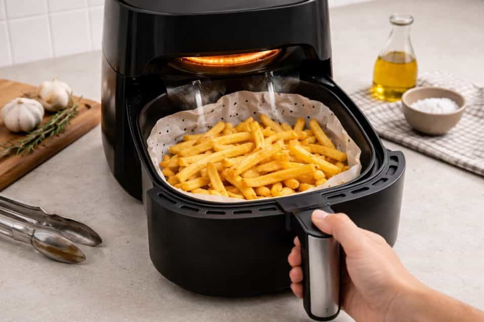 Friggitrice ad aria con cestello aperto e patatine in cottura: l’uso della carta forno può ostacolare il flusso d’aria, rallentare la cottura e aumentare i consumi energetici.
