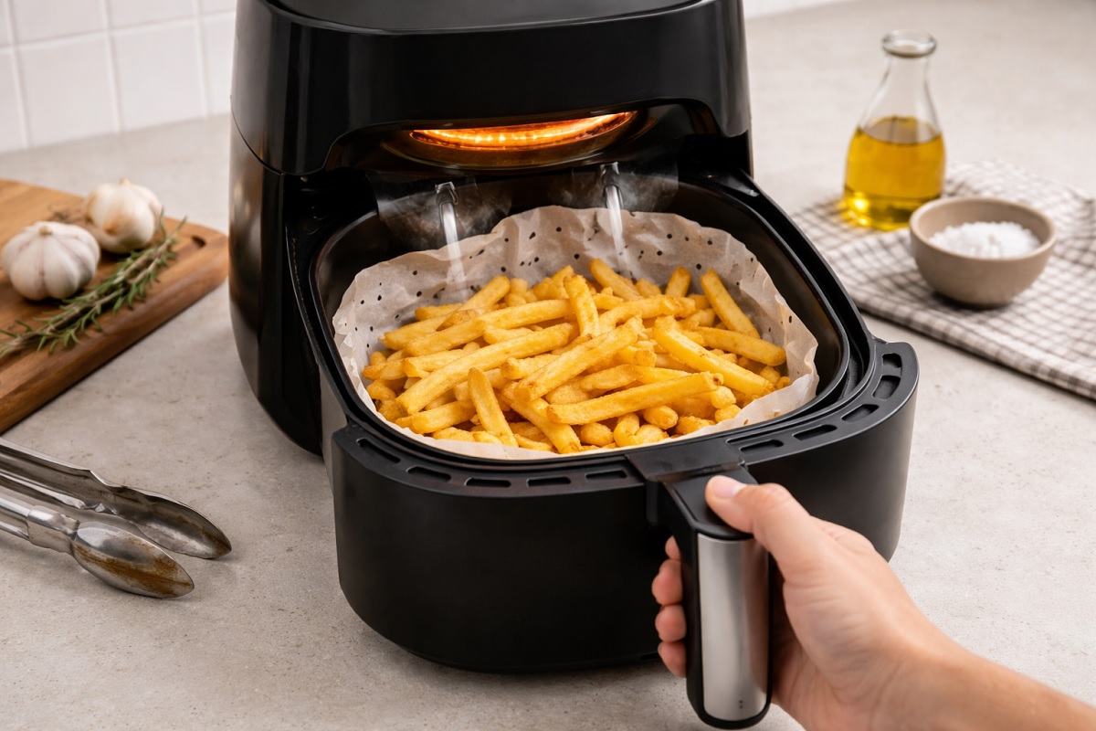 Friggitrice ad aria con cestello aperto e patatine in cottura: l’uso della carta forno può ostacolare il flusso d’aria, rallentare la cottura e aumentare i consumi energetici.