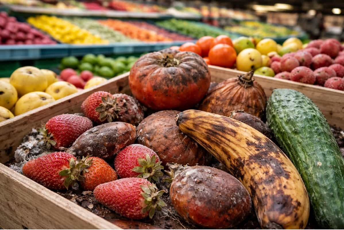 Frutta e verdura che si deteriorano rapidamente dopo l’acquisto, simbolo dei trattamenti industriali e della scarsa durata reale dei prodotti freschi.