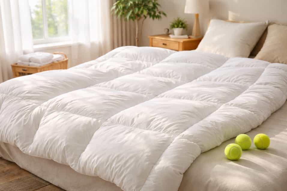 Piumino soffice appena lavato steso ad asciugare in casa con palline da tennis accanto