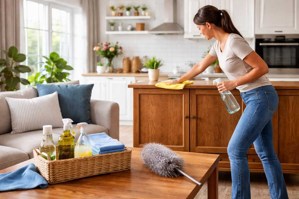 Donna che pulisce un mobile in legno con panno in microfibra e detergente naturale per ridurre la polvere in casa e mantenere le superfici pulite più a lungo.